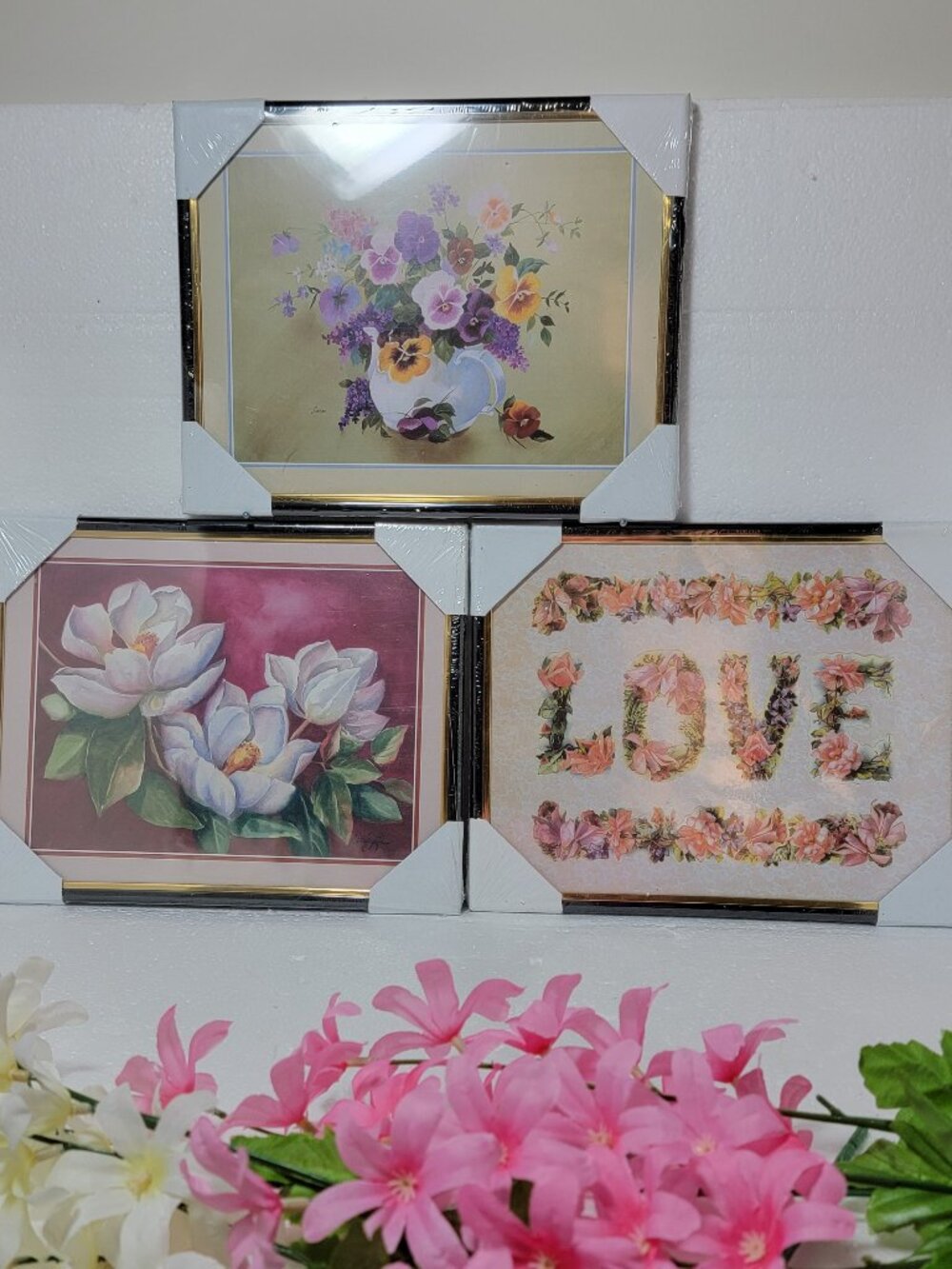 Floral Pictures in Gold Mylar Frames NWOT Set of Three